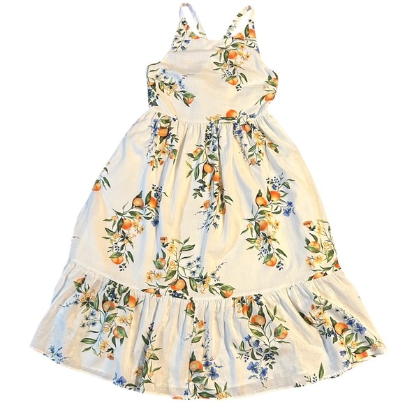 Time and Tru Dresses & Skirts - Citrus Botanical Midi Dress SZ S White Orange Mediterranean Vacation Resortwear